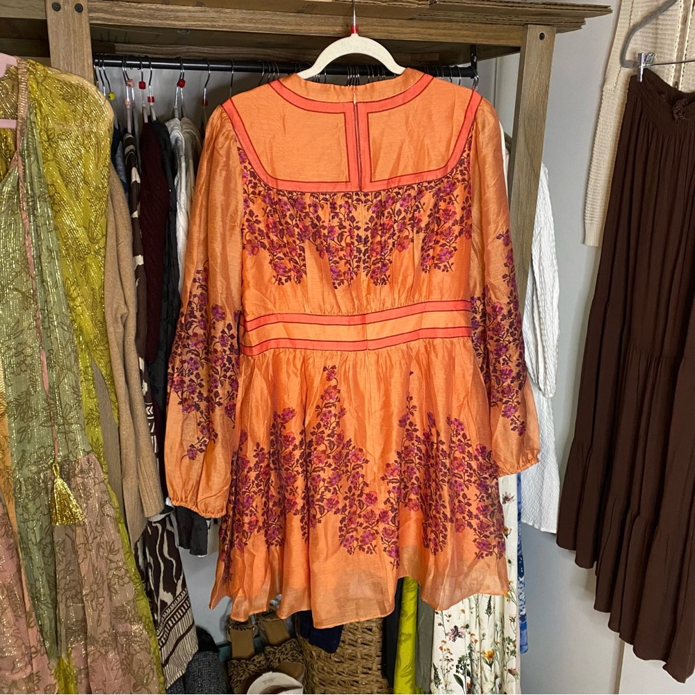 CIEBON Mango Orange Purple Floral Long Sleeve Linen Blend Dress! - Picture 6 of 15